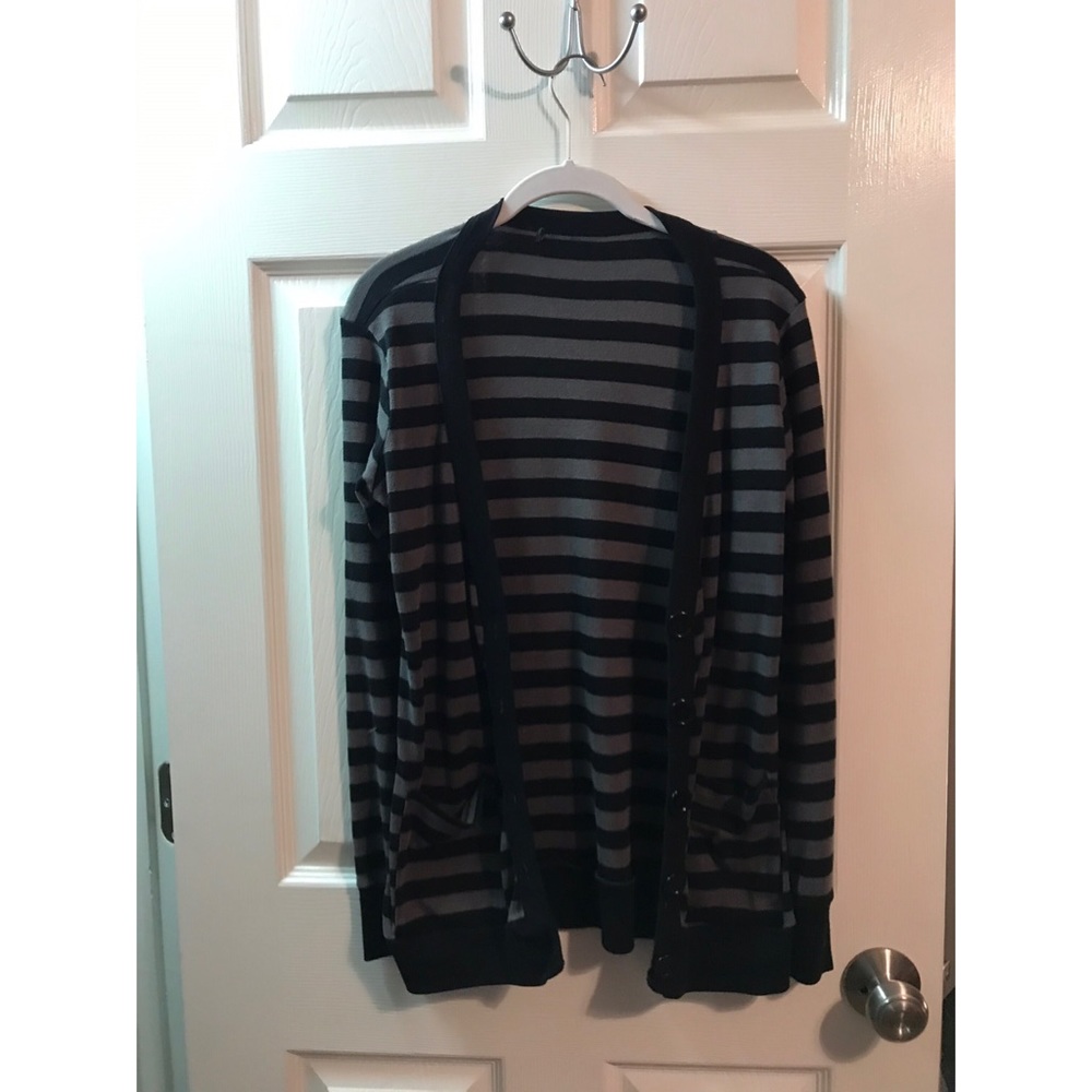 Black and gray striped cardigan.